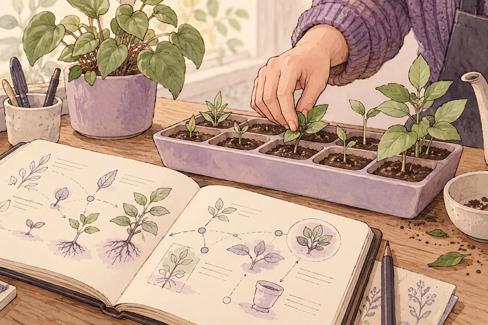 A notebook of connected notes beside seedlings at different stages of growth