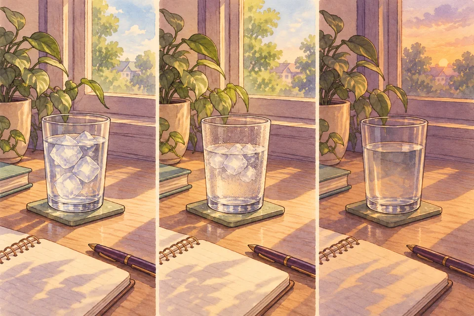 The same glass of water in three stages, from full of ice to melted, without time labels