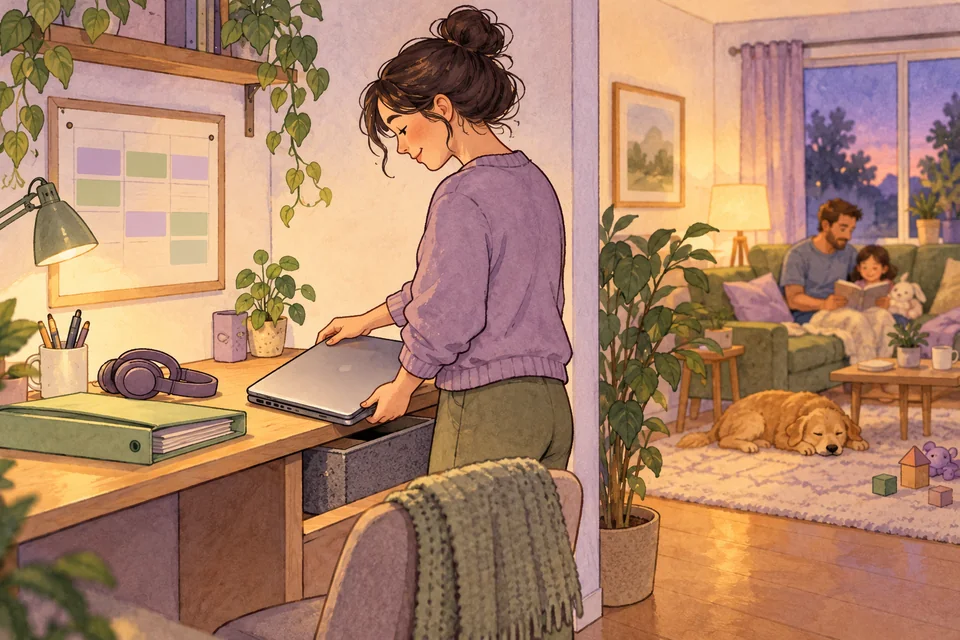 A worker closes a computer in a home workspace with a family rest area nearby