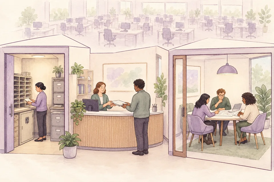 A small document desk, administrative counter, and meeting room contrasted with many empty assigned desks