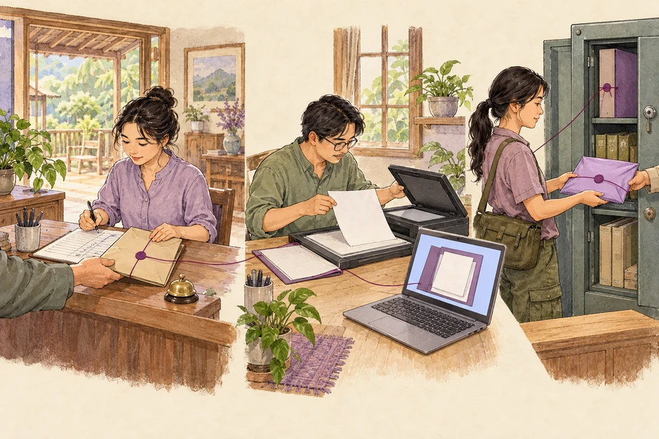 คนรับซองลงทะเบียน ผู้ได้รับอนุญาตสแกนสำเนา และผู้ดูแลส่งซองพร้อมเก็บแฟ้มต้นฉบับในตู้