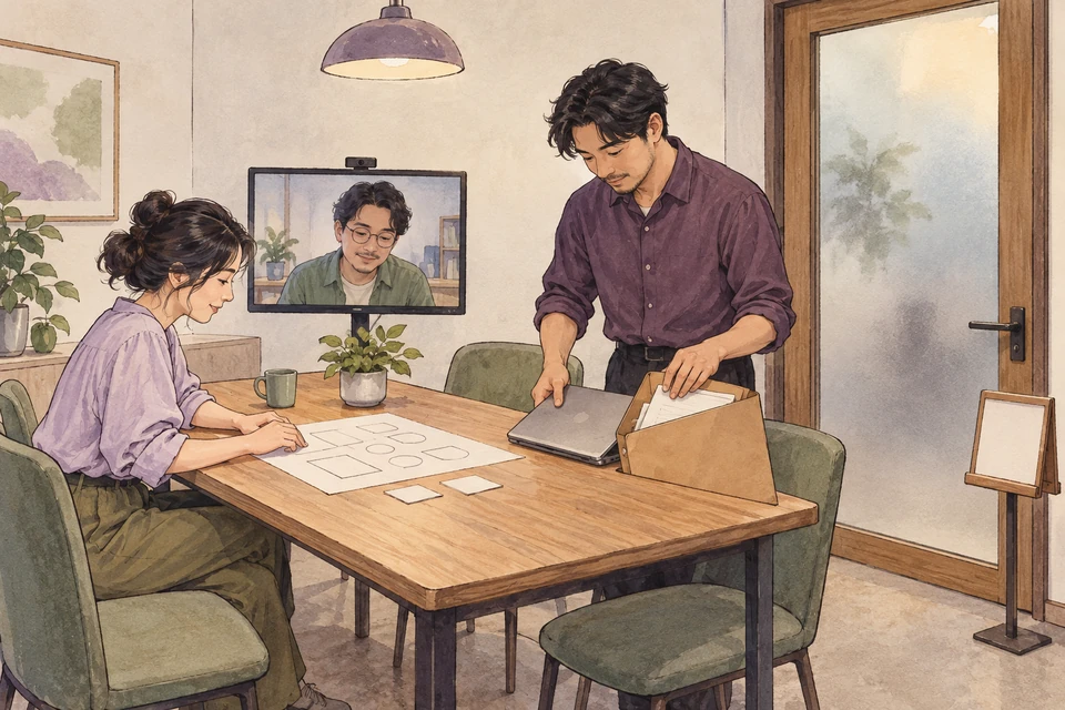 ทีมพบกันในห้องส่วนตัว มีเพื่อนร่วมงานเข้าผ่านจอ และเจ้าของการประชุมเก็บเอกสารกับเครื่องหลังจบ