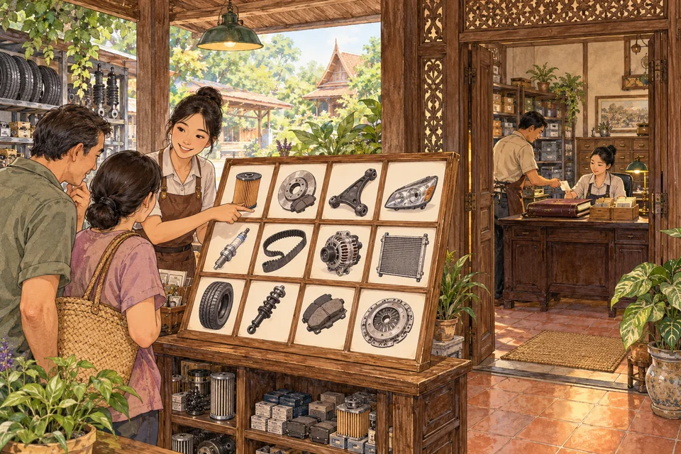 ภาพสมมติหน้าร้านแสดงภาพอะไหล่ ส่วนด้านหลังมีพนักงานส่งเอกสารที่โต๊ะข้อมูล