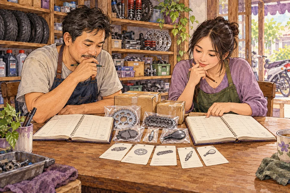 ภาพสมมติผู้ดูแลร้านเทียบสมุดสองเล่ม โดยมีชุดอะไหล่ ใบงาน และพัสดุชุดเดียวกันอยู่ระหว่างกลาง