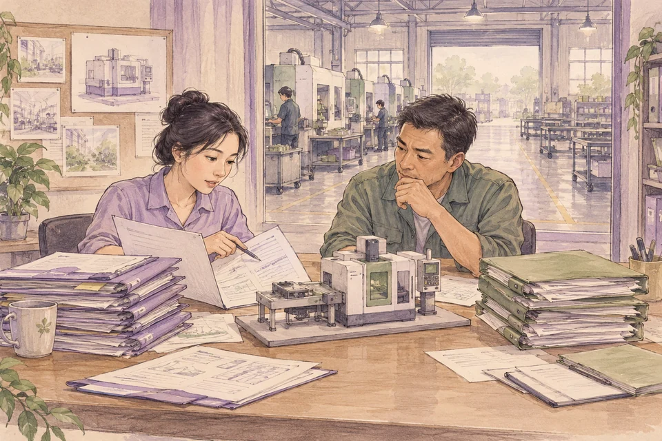 ผู้วิเคราะห์กับเจ้าของโรงงานเทียบเอกสารและแผนเครื่องจักร โดยมีสายการผลิตอยู่ด้านหลัง