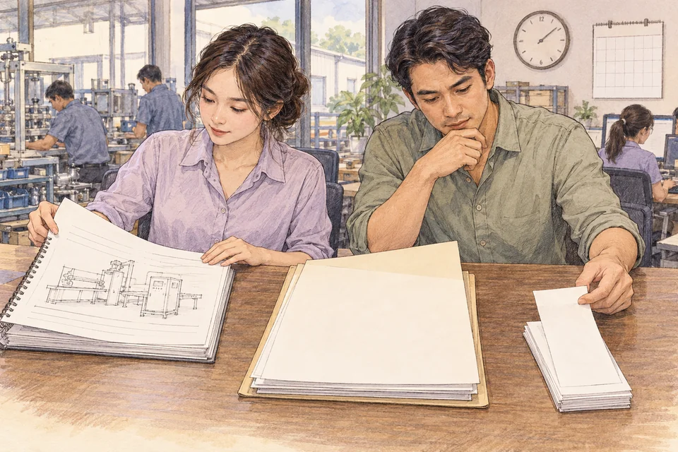 เจ้าหน้าที่สองคนเทียบสมุดภาพเครื่องจักร แฟ้ม และกระดาษแผ่นเล็กที่แยกกันบนโต๊ะ